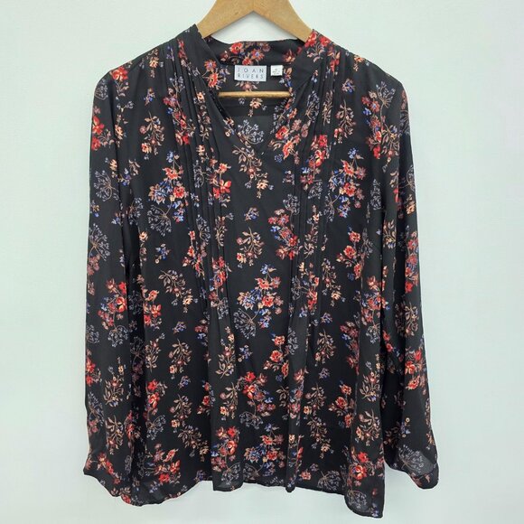 Joan Rivers Tunic Top Womens Size 12 Black Floral Pintuck‎ Long Sleeve Blouse - Picture 2 of 12